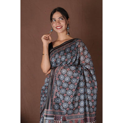 Isadora Life Womens Floral Printed Black Pre-Draped Saree with Unstitched Blouse