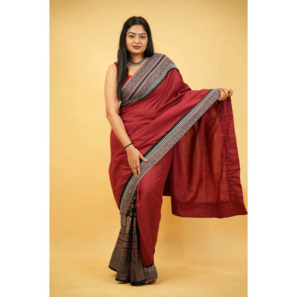 Isadora Life Womens Printed Maroon Pre-Draped Saree with Unstitched Blouse