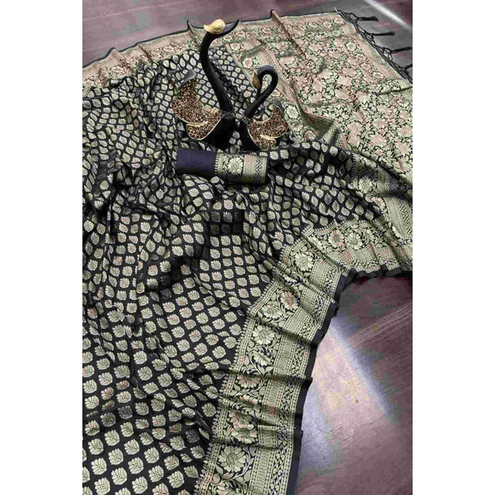 Isadora Life Womens Woven Zari Black Pre-Draped Saree with Unstitched Blouse