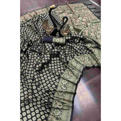 Isadora Life Womens Woven Zari Black Pre-Draped Saree with Unstitched Blouse