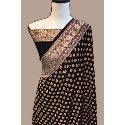 Isadora Life Womens Woven Zari Black Pre-Draped Saree with Unstitched Blouse