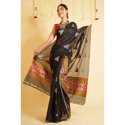 Isadora Life Womens Floral Printed Black Pre-Draped Saree with Unstitched Blouse