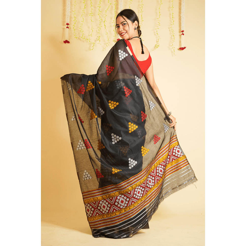Isadora Life Womens Floral Printed Black Pre-Draped Saree with Unstitched Blouse