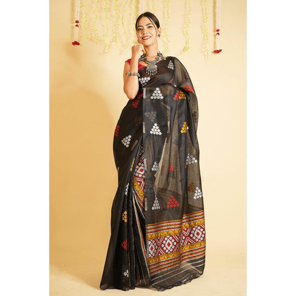 Isadora Life Womens Floral Printed Black Pre-Draped Saree with Unstitched Blouse