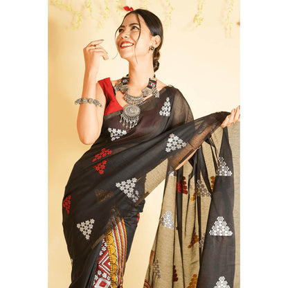 Isadora Life Womens Floral Printed Black Pre-Draped Saree with Unstitched Blouse
