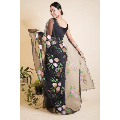 Isadora Life Womens Floral Printed Black Pre-Draped Saree with Unstitched Blouse