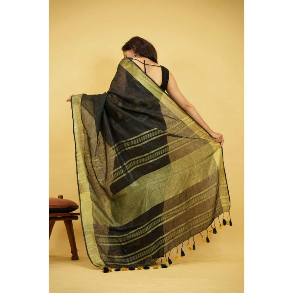Isadora Life Womens Woven Zari Black Pre-Draped Saree with Unstitched Blouse