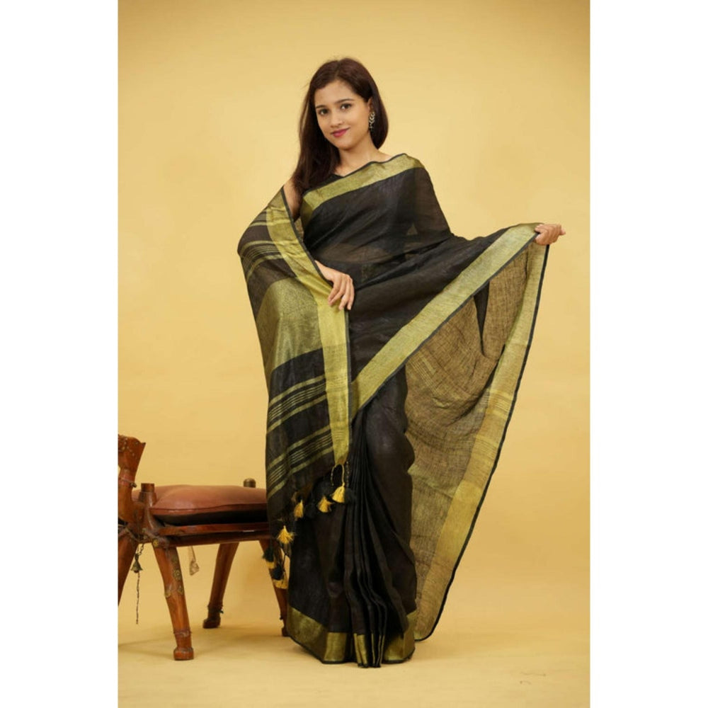 Isadora Life Womens Woven Zari Black Pre-Draped Saree with Unstitched Blouse
