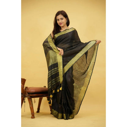 Isadora Life Womens Woven Zari Black Pre-Draped Saree with Unstitched Blouse