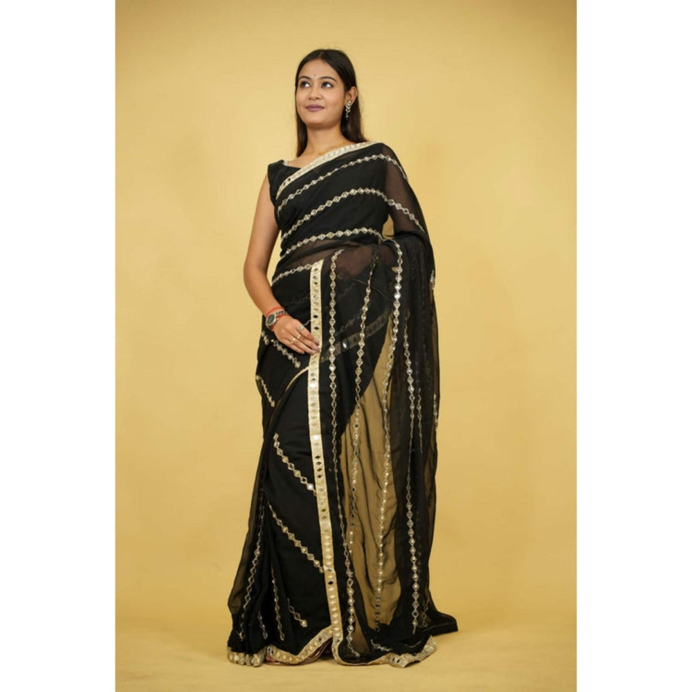 Isadora Life Womens Embroidered Mirror Work Black Pre-Draped Saree with Unstitched Blouse