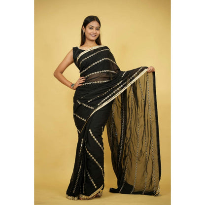 Isadora Life Womens Embroidered Mirror Work Black Pre-Draped Saree with Unstitched Blouse
