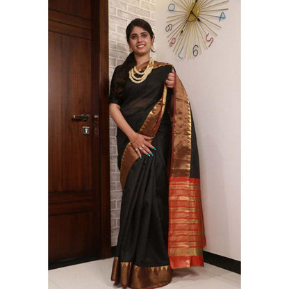 Isadora Life Womens Woven Zari Black Pre-Draped Saree with Unstitched Blouse