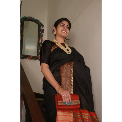 Isadora Life Womens Woven Zari Black Pre-Draped Saree with Unstitched Blouse