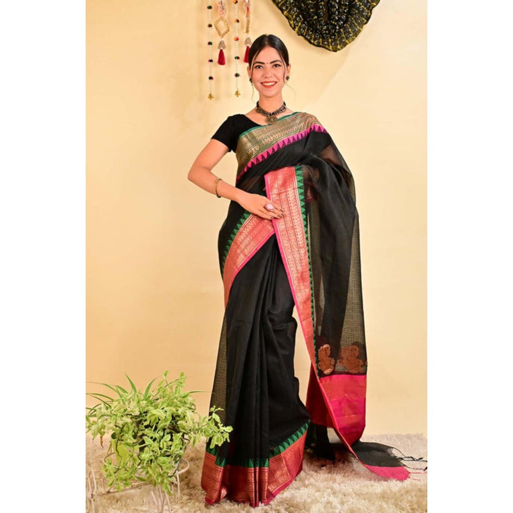 Isadora Life Womens Woven Tassels Black Pre-Draped Saree with Unstitched Blouse