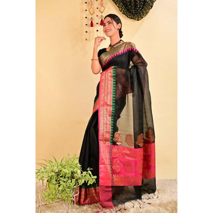 Isadora Life Womens Woven Tassels Black Pre-Draped Saree with Unstitched Blouse