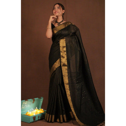 Isadora Life Womens Stripes Sequined Black Pre-Draped Saree with Unstitched Blouse