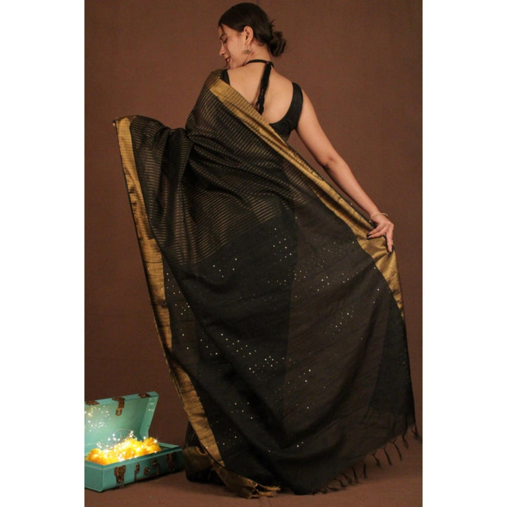 Isadora Life Womens Stripes Sequined Black Pre-Draped Saree with Unstitched Blouse