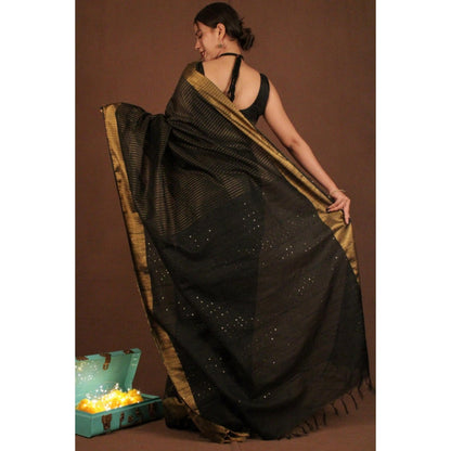 Isadora Life Womens Stripes Sequined Black Pre-Draped Saree with Unstitched Blouse