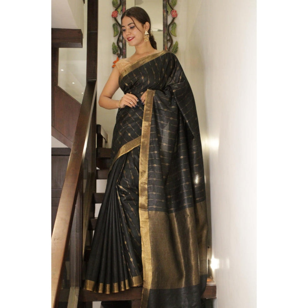 Isadora Life Womens Woven Zari Black Pre-Draped Saree with Unstitched Blouse