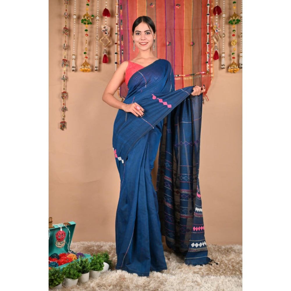 Isadora Life Womens Embroidered Tassels Blue Pre-Draped Saree with Unstitched Blouse