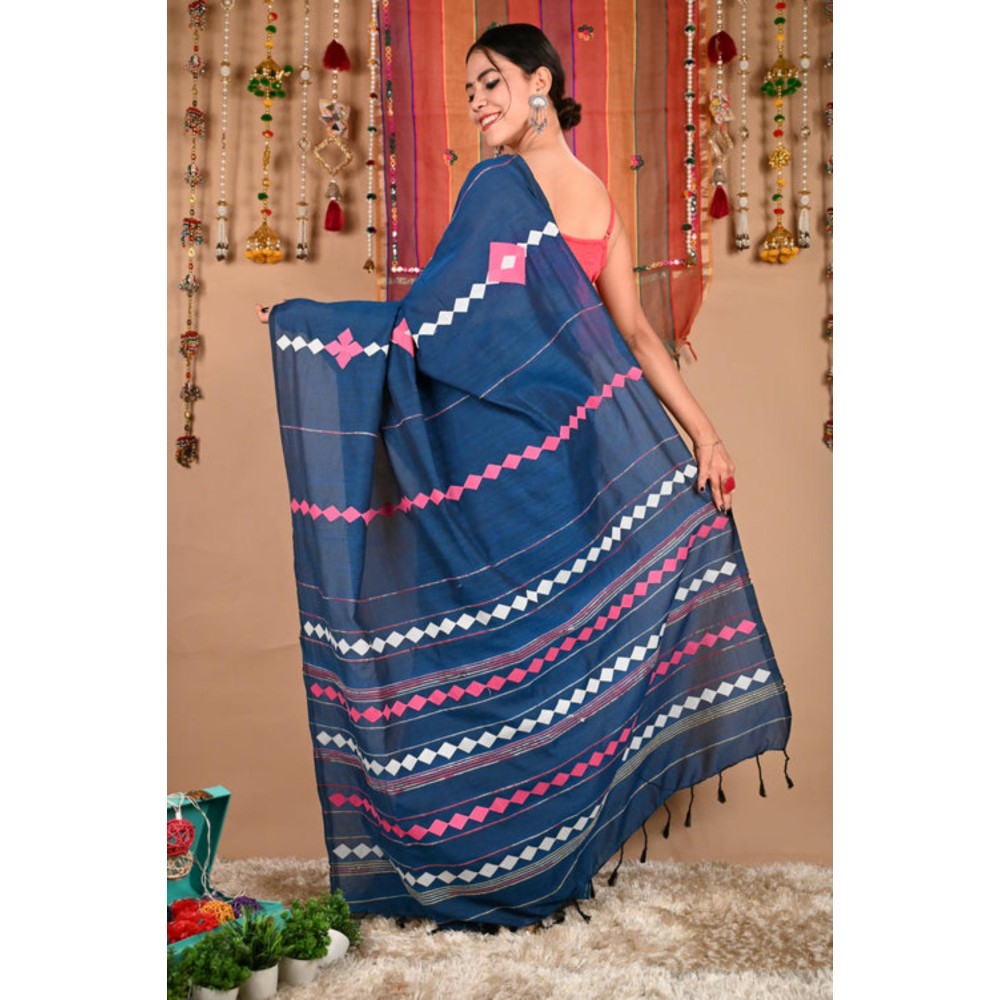 Isadora Life Womens Embroidered Tassels Blue Pre-Draped Saree with Unstitched Blouse