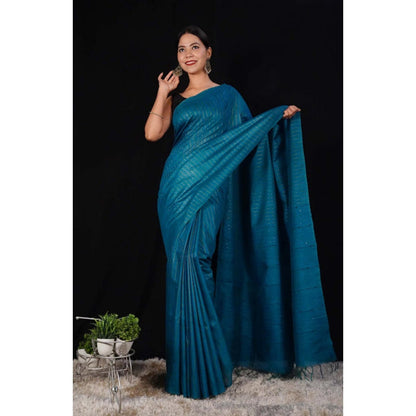 Isadora Life Womens Stripes Tassels Blue Pre-Draped Saree with Unstitched Blouse