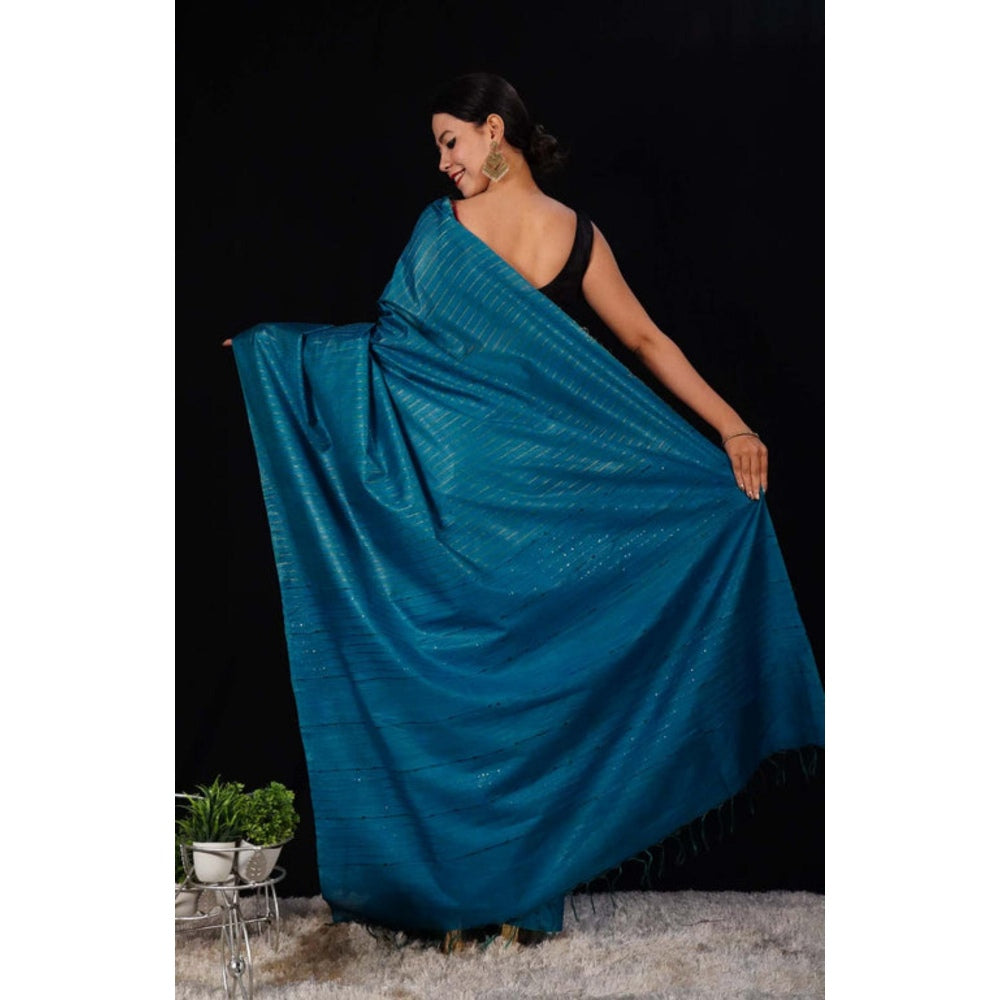 Isadora Life Womens Stripes Tassels Blue Pre-Draped Saree with Unstitched Blouse