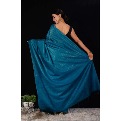 Isadora Life Womens Stripes Tassels Blue Pre-Draped Saree with Unstitched Blouse