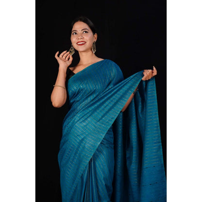 Isadora Life Womens Stripes Tassels Blue Pre-Draped Saree with Unstitched Blouse
