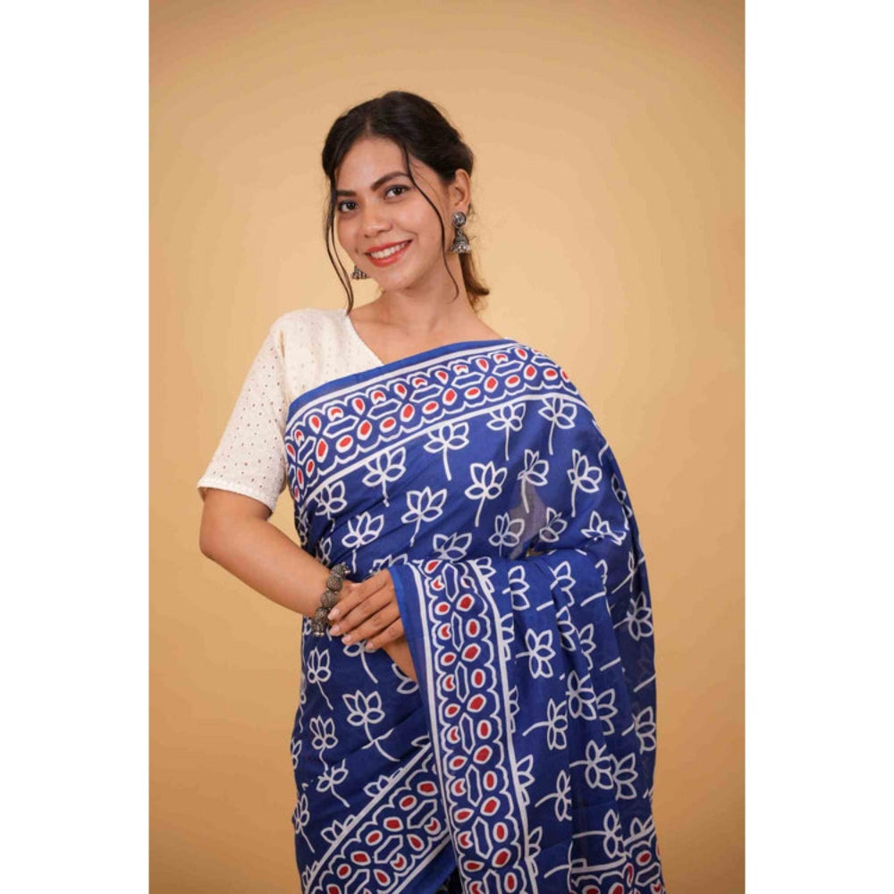 Isadora Life Womens Hand Block Printed Blue Pre-Draped Saree with Unstitched Blouse