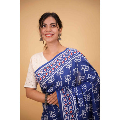Isadora Life Womens Hand Block Printed Blue Pre-Draped Saree with Unstitched Blouse