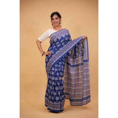 Isadora Life Womens Hand Block Printed Blue Pre-Draped Saree with Unstitched Blouse