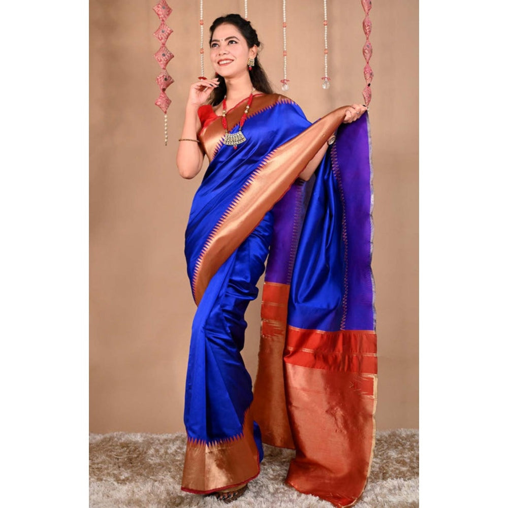 Isadora Life Womens Solid Zari Blue Pre-Draped Saree With Unstitched Blouse