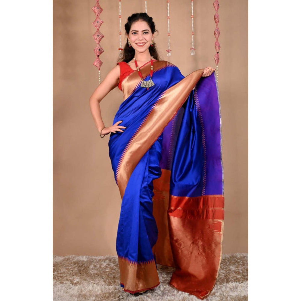 Isadora Life Womens Solid Zari Blue Pre-Draped Saree With Unstitched Blouse