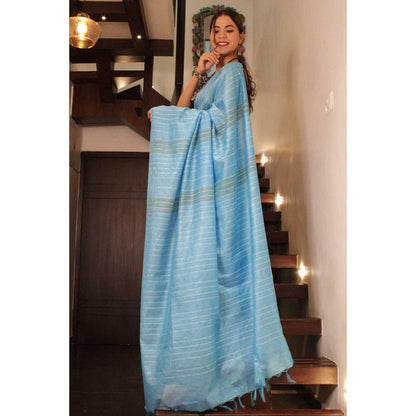 Isadora Life Womens Stripes Tassels Blue Pre-Draped Saree With Unstitched Blouse