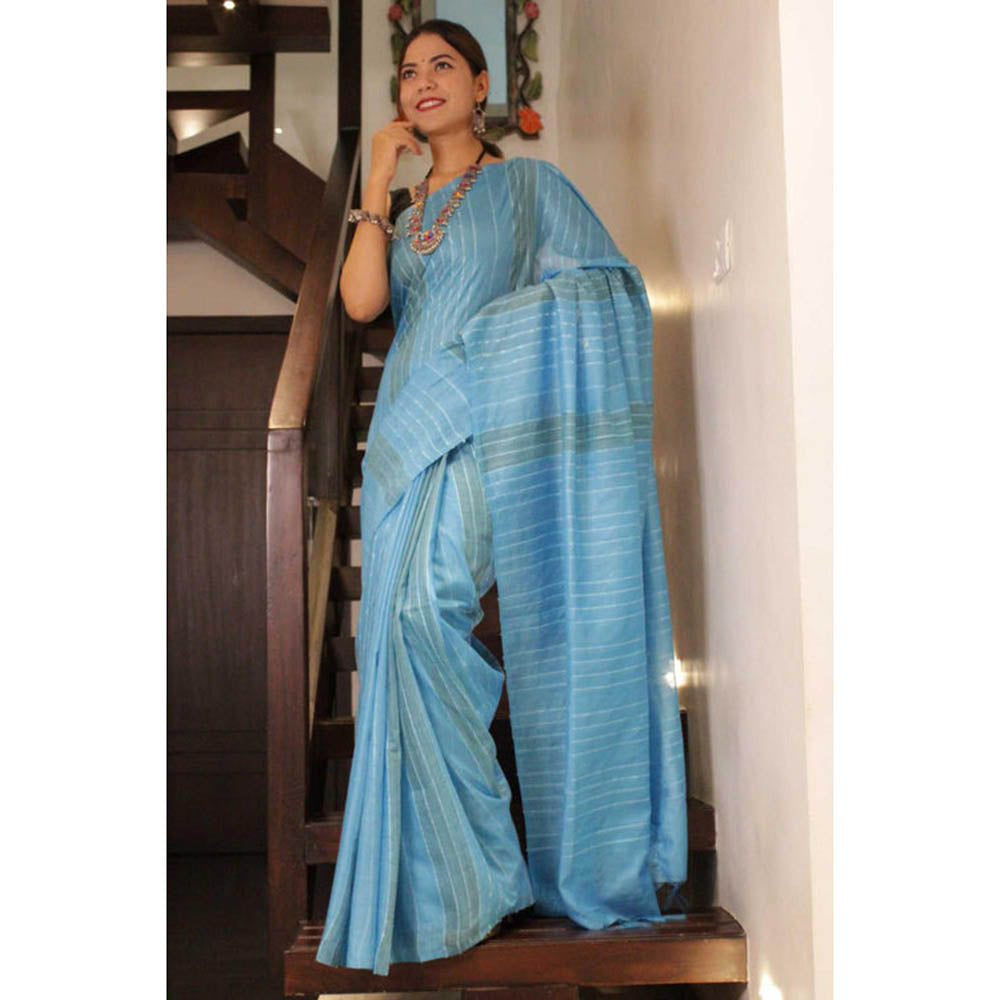 Isadora Life Womens Stripes Tassels Blue Pre-Draped Saree With Unstitched Blouse