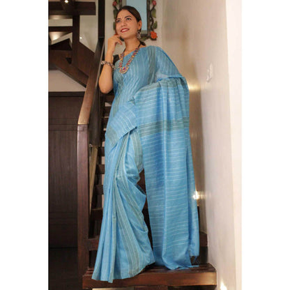 Isadora Life Womens Stripes Tassels Blue Pre-Draped Saree With Unstitched Blouse