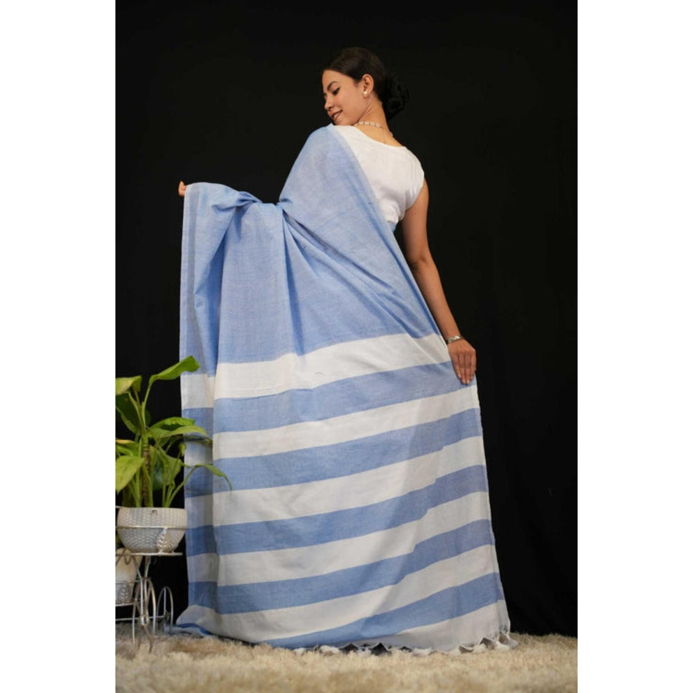 Isadora Life Womens Stripes Tassels Blue Pre-Draped Saree With Unstitched Blouse