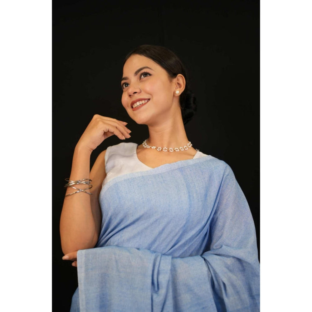 Isadora Life Womens Stripes Tassels Blue Pre-Draped Saree With Unstitched Blouse