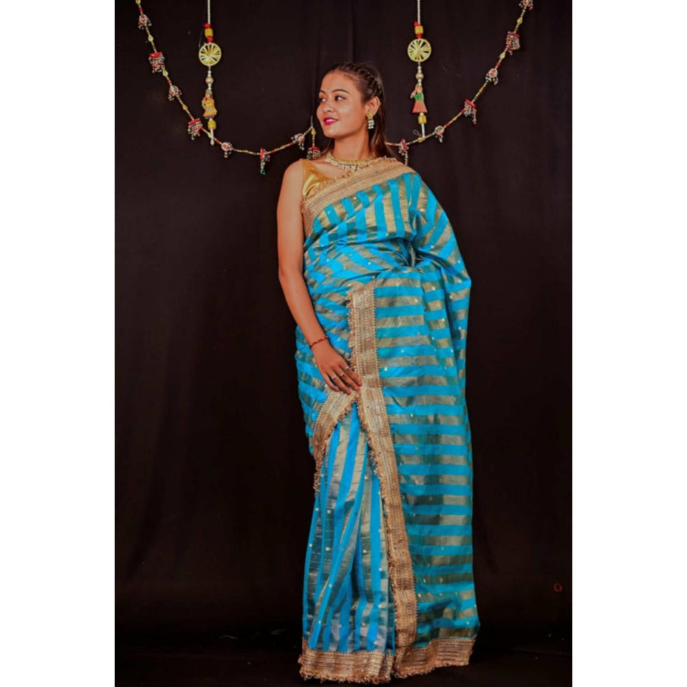 Isadora Life Womens Stripes Embroidered Blue Pre-Draped Saree With Unstitched Blouse