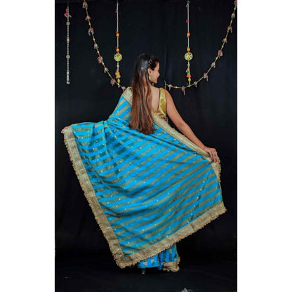Isadora Life Womens Stripes Embroidered Blue Pre-Draped Saree With Unstitched Blouse
