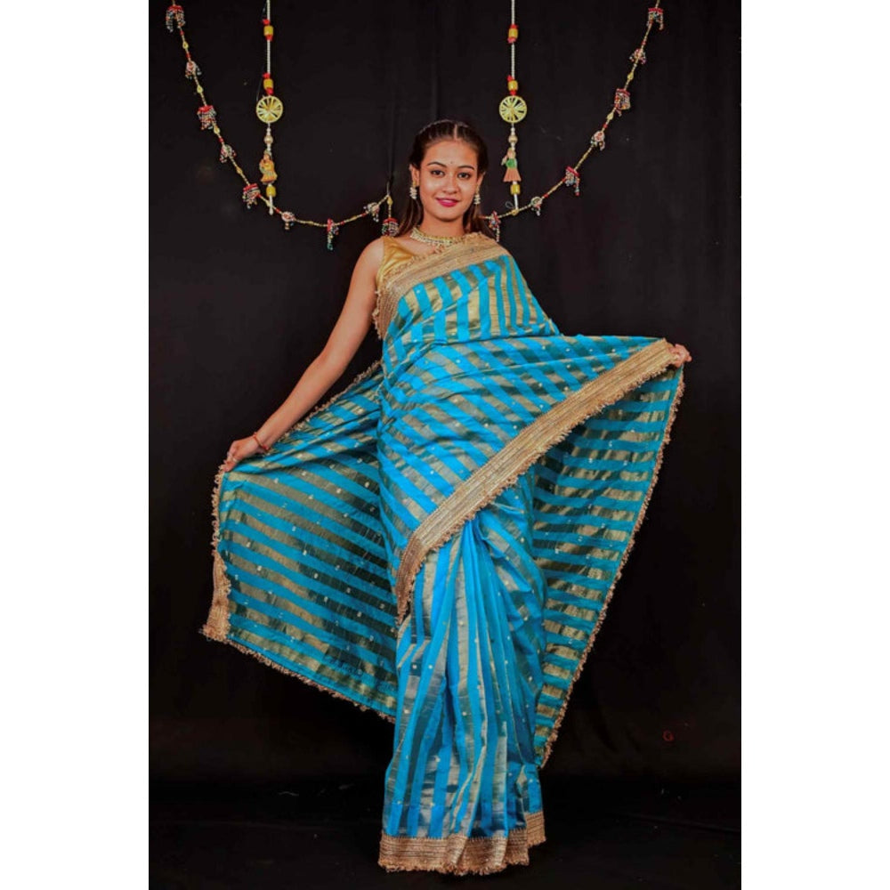 Isadora Life Womens Stripes Embroidered Blue Pre-Draped Saree With Unstitched Blouse