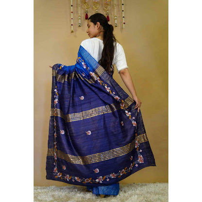 Isadora Life Womens Floral Embroidered Blue Pre-Draped Saree With Unstitched Blouse