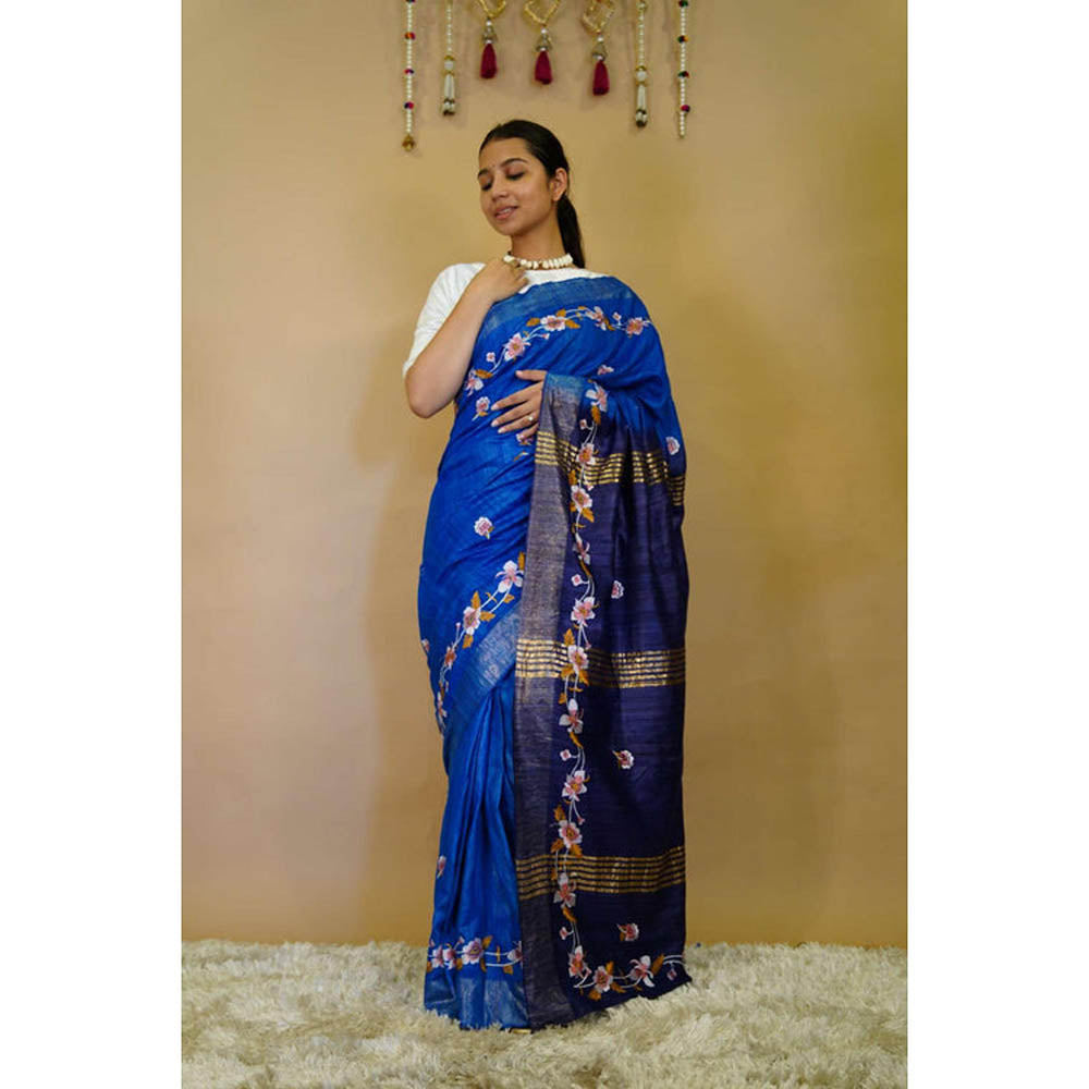 Isadora Life Womens Floral Embroidered Blue Pre-Draped Saree With Unstitched Blouse