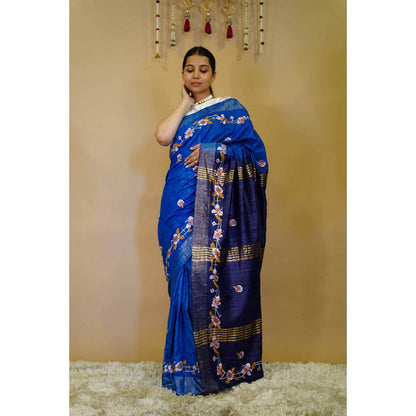 Isadora Life Womens Floral Embroidered Blue Pre-Draped Saree With Unstitched Blouse