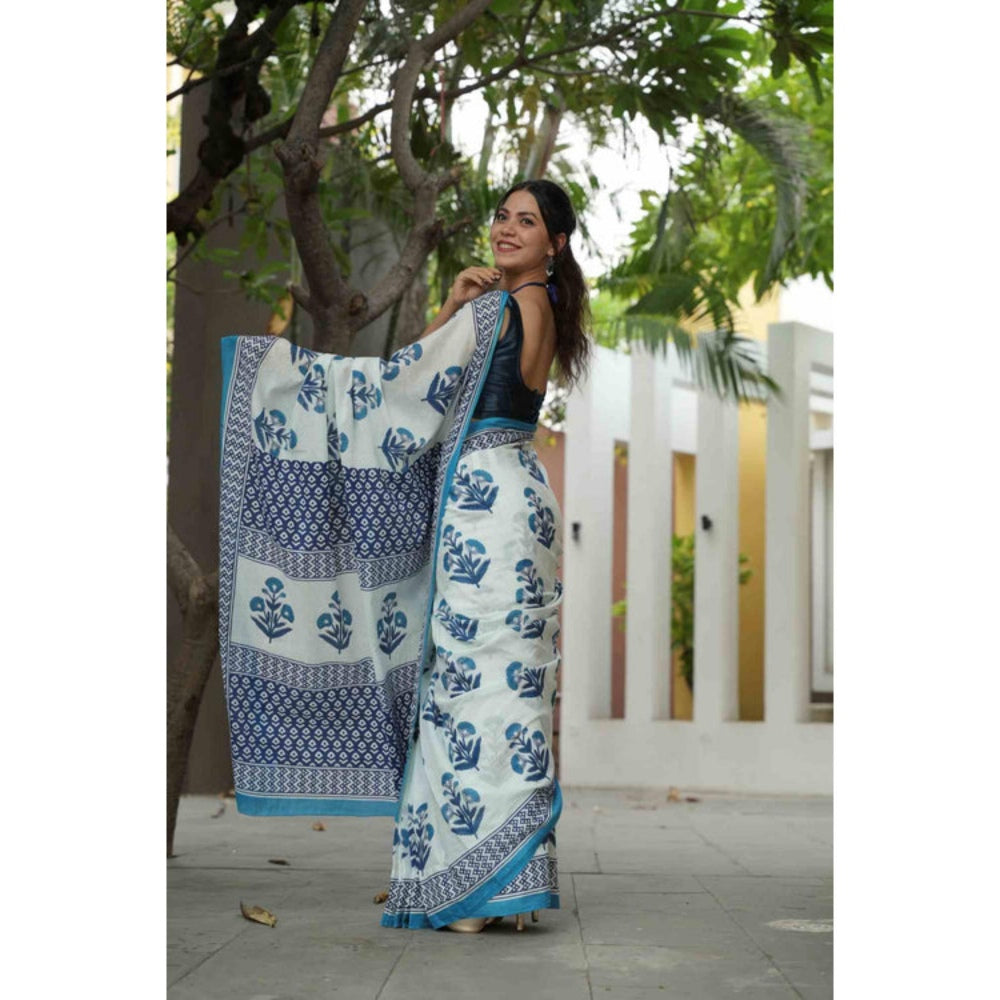 Isadora Life Womens Floral Printed White Pre-Draped Saree With Unstitched Blouse