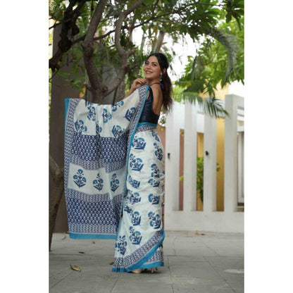Isadora Life Womens Floral Printed White Pre-Draped Saree With Unstitched Blouse