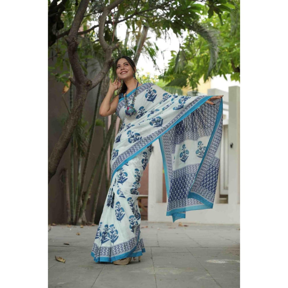 Isadora Life Womens Floral Printed White Pre-Draped Saree With Unstitched Blouse