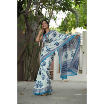 Isadora Life Womens Floral Printed White Pre-Draped Saree With Unstitched Blouse