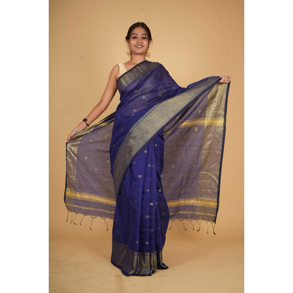 Isadora Life Womens Woven Tassels Blue Pre-Draped Saree With Unstitched Blouse